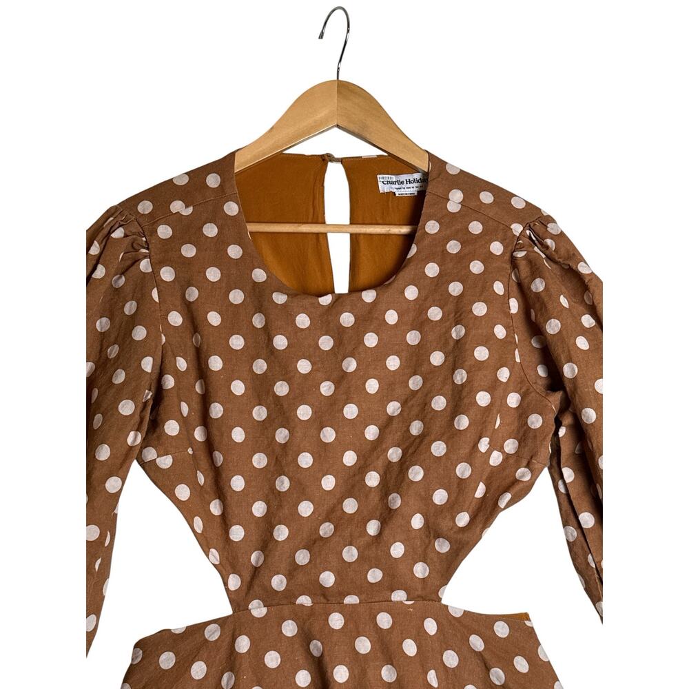 Charlie Holiday Halcyon Polka Dot Open Back Mini Dress Brown Linen Blend Size 10 - Picture 5 of 9